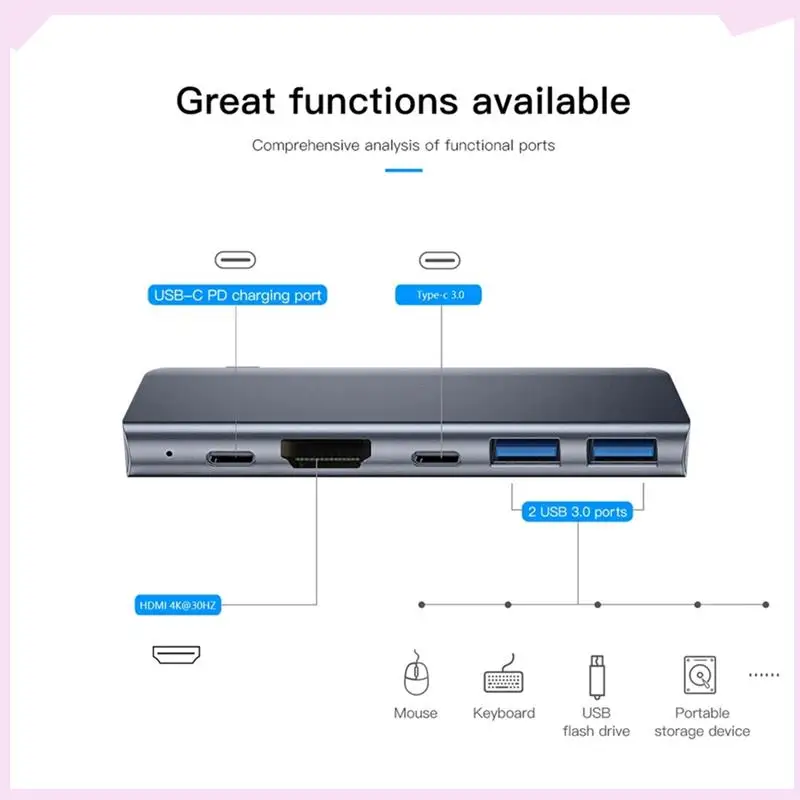 

B24B Tebe 7 в 1, концентратор Type-C, USB-C до 4K, совместимый с USB 3.0 SD/TF PD, разветвитель быстрой зарядки, док-станция USB C