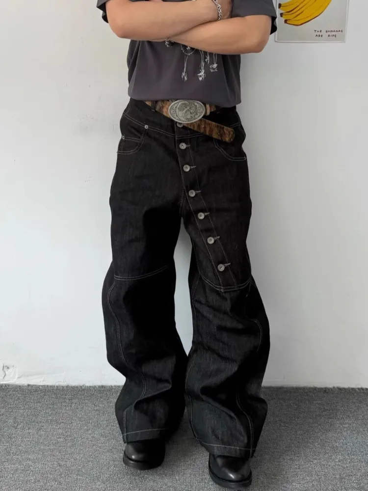 Men's Single Breasted Splicing Jeans Spring Autumn American Casual Fashion Street Style Black Retro Loose Denim Pants