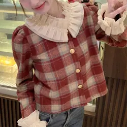 Vintage Plaid Ruffled Neck Coats Spring Autumn Stylish Patchwork Beading Women's Clothing French Style Single-breasted Jackets