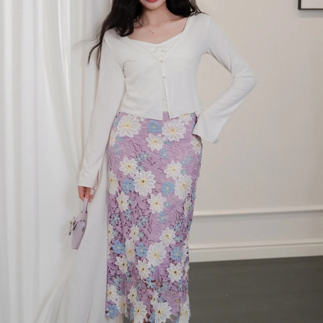 

High-End Soluble Lace A-Line Skirt Women's Knitted Tube Top Air Conditioning Cardigan Tee-Piece Set Faionable Summer...