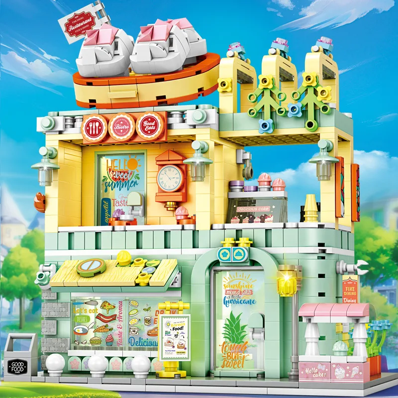 MOC Snack Street Pizza Shop Restaurant Store Building Block Set Commodity Store Modern House DIY Toys For Children Holiday Gifts