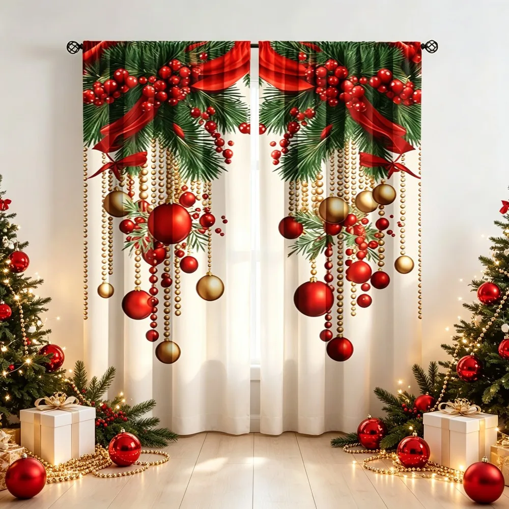 2PCS Christmas Winter Curtains, Pine Berry Red Bow Gold Bead Ornament Winter, Digital Print, Bedroom Living Room, Home Decor