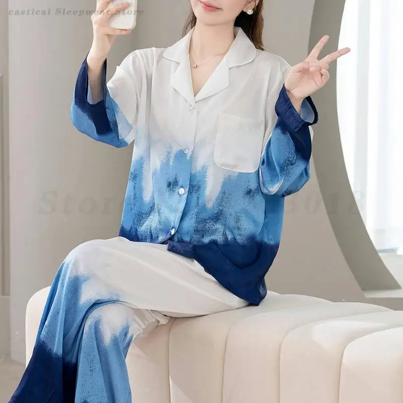 

Топ с длинными рукавами и брюки, пижамный костюм, шелковистая атласная домашняя одежда, женская элегантная домашняя одежда, пижамный комплект, весна-лето, новая одежда для сна