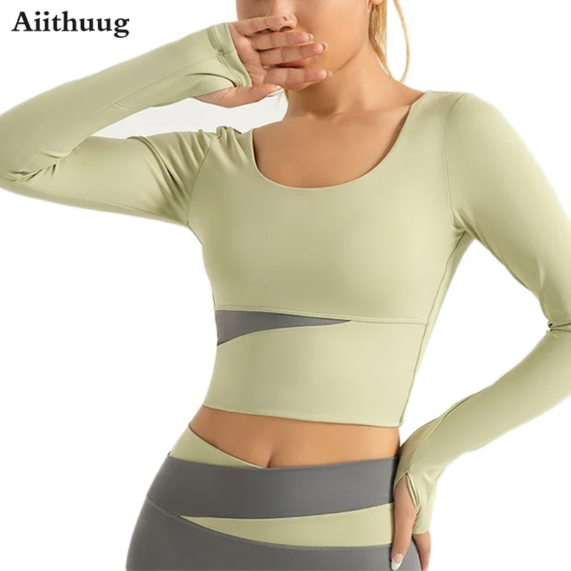 

Aiithuug Color Block Thumbholes Yoga Crop Tops with Padded Women's Long Sleeved Slim Fit Elastic Top Fitness Pilates Sportwear