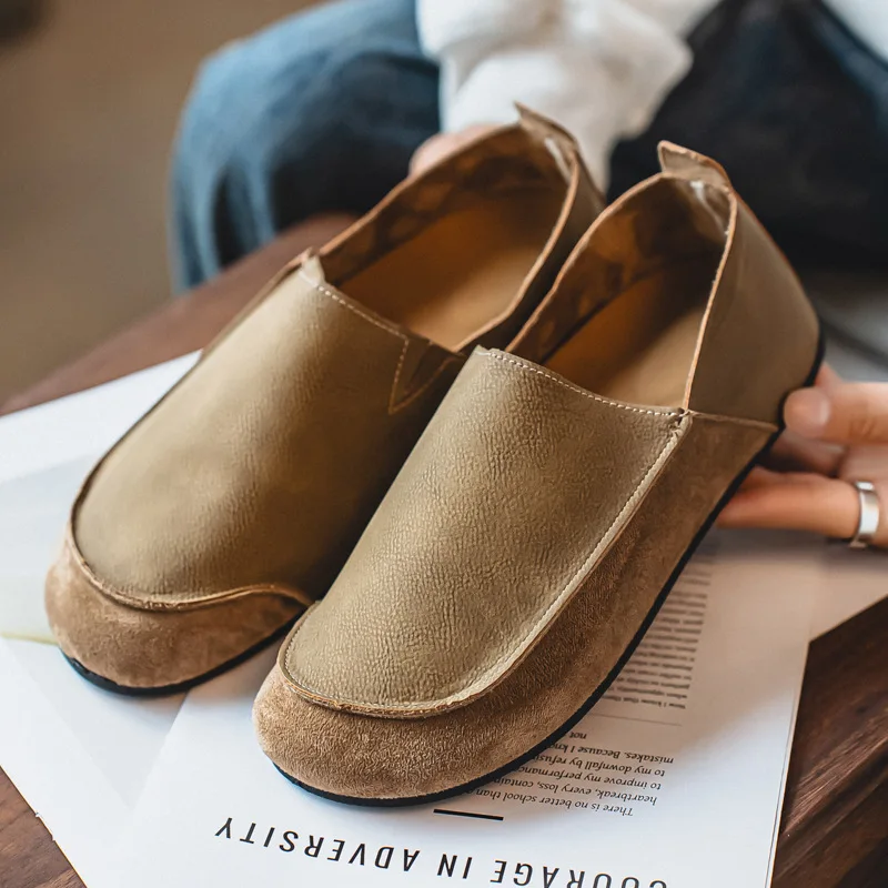 Men Soft Sole Leather Loafers Vintage Style Breathable Lazy Slip On Flat Shoes Moccasins Half Slippers Men Driving Walking Shoes
