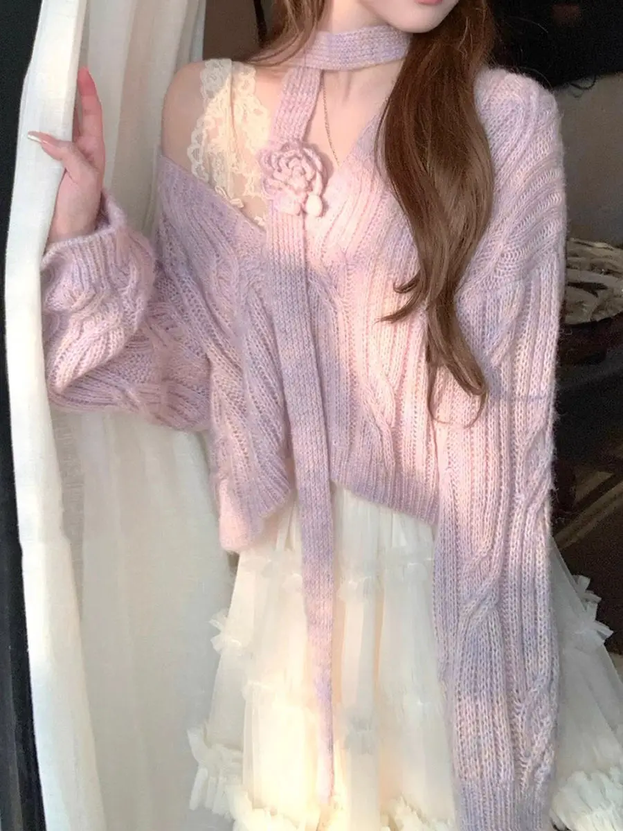 

Scarf+v-neck Cardigans Temperament Three-dimensional Flower Korean Fashion Knitted Sweater Women Gentle Clothes