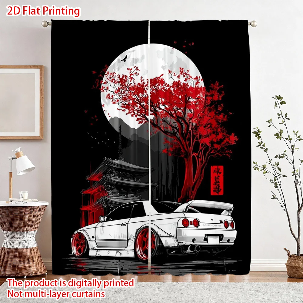 JDM Car Print Blackout Curtains - Japanese Style Racing Car with Red Tree Moon Window Drapes for Boys Room Garage Decor