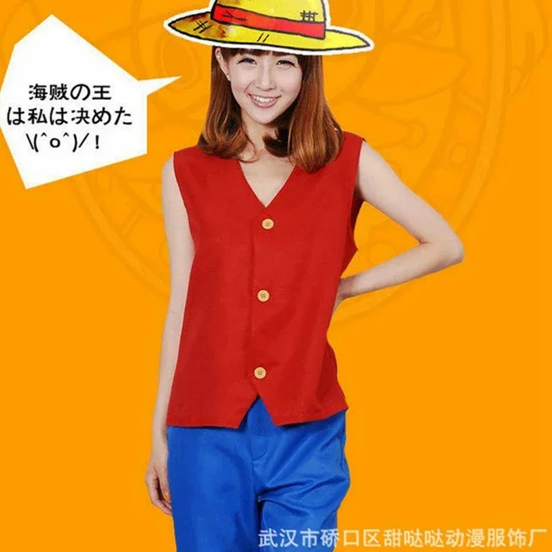Conjunto de Cosplay japonés Anime Monkey D Luffy chaleco y pantalones chaleco rojo pantalones cortos azules pantalones de hombre