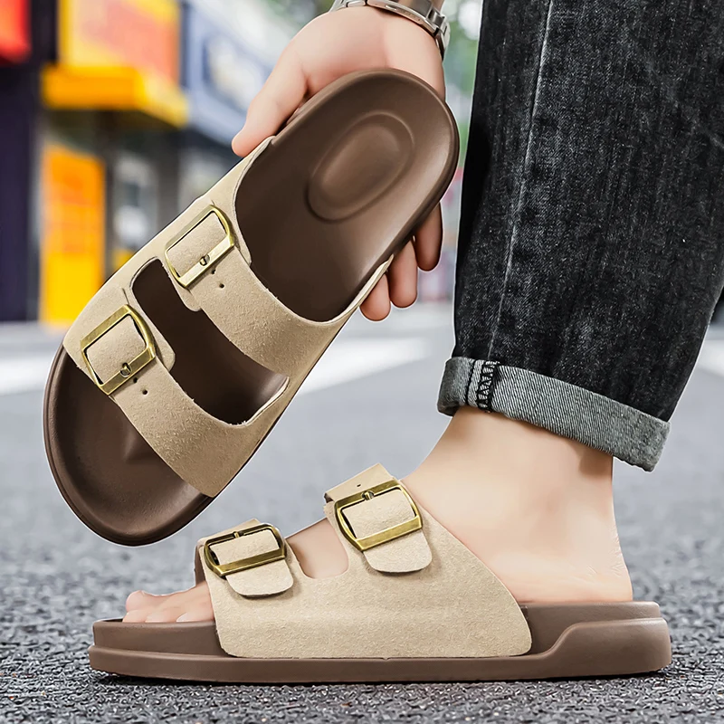 

Couple Imitation Belt Buckle Adjustable Thick Bottom Slippers, Summer New Soft Sole Beach Sandals, Casual Outdoor Seaside Shoes