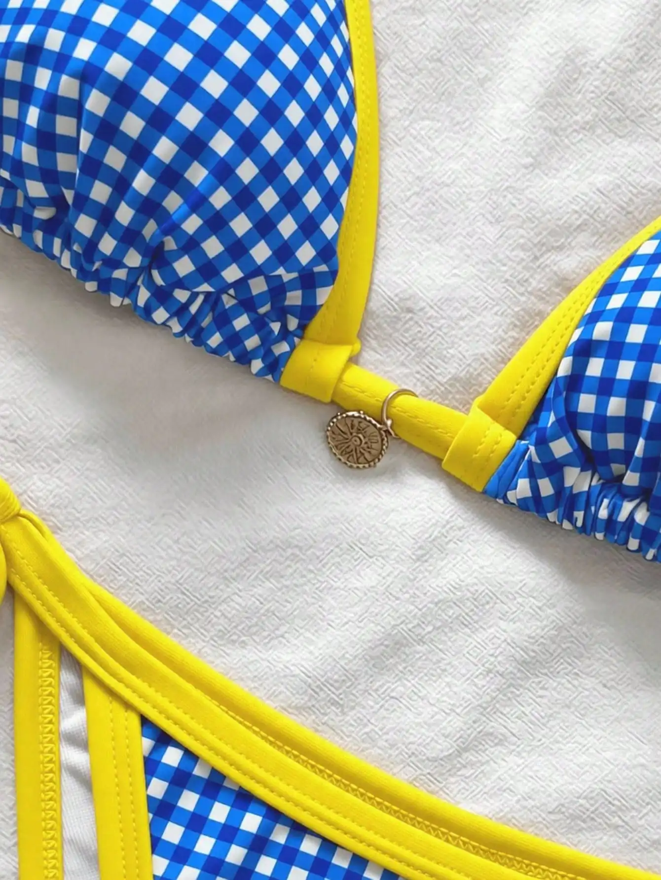 

Blue Gingham Print Halter Triangle Bikini Set With Yellow Trim