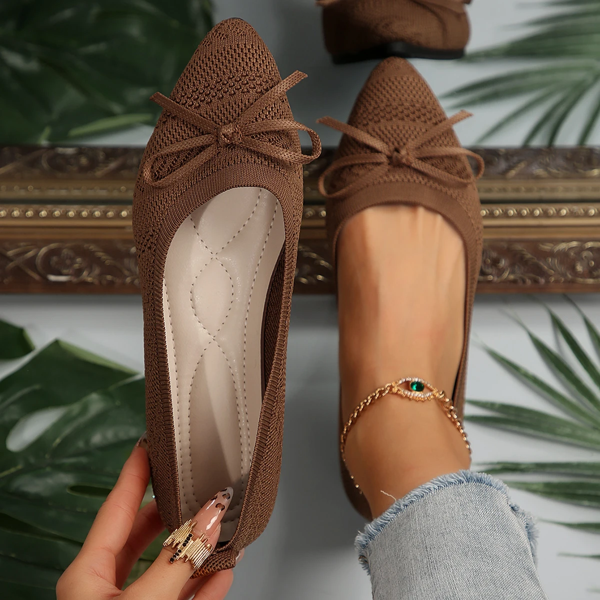 Pointed Bow Flying Flat Shoes Women's 2025 New Summer Casual Bean Shoes Knitted Soft Sole Knitted Women's Shoes Large Size 43