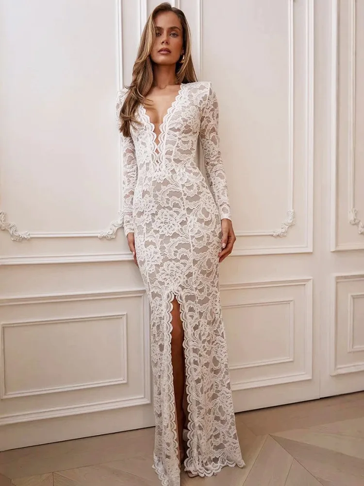 Articat Sexy Long Sleeve Lace Long Dress Women Elegant V Neck Bodycon Solid Color Split Party Club Evening Gown Winter Vestidos