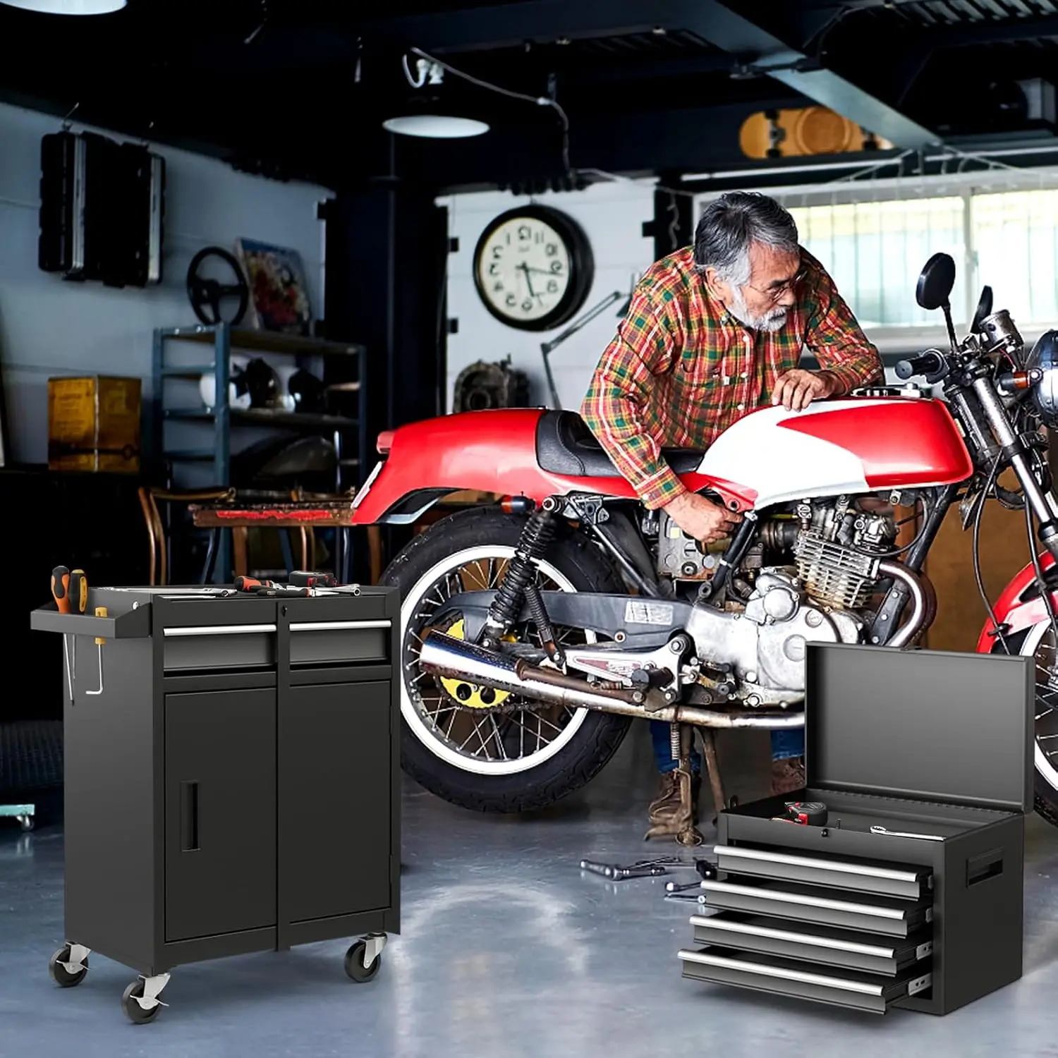 Goplus Tool Chest, 5 Drawers Rolling Tool Cabinet with Detachable Top Toolbox, Universal Lockable Wheels, Lock Bar, Protective L