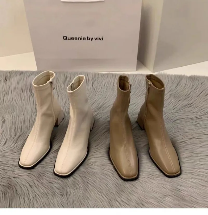 2026 Autumn Four-color Women's Short Boots, Square-toe Thick Heel Side Zip Nude Leather Short Boots, Chelsea Boot, Ankle Boot view 5