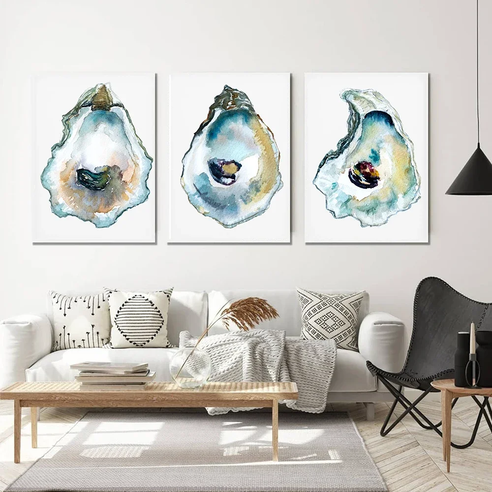 Modern Minimalist Wall Art Blue Oyster Coastal Beach HD Canvas Watercolor Poster Prints Home Bedroom Living Room Decoration