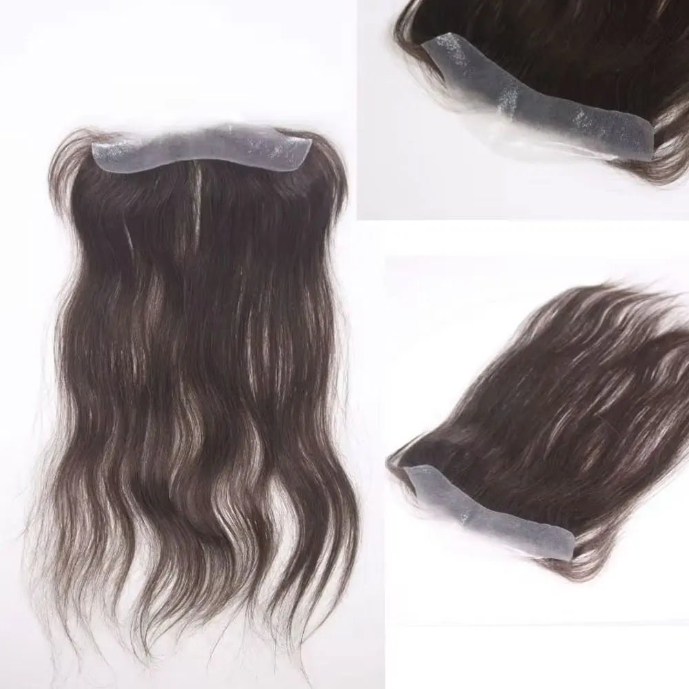 Parrucchino unisex con nastro adesivo - Sostituzione base biologica sottile in PU per capelli umani lisci a forma di V (2x16 cm 13 pollici)