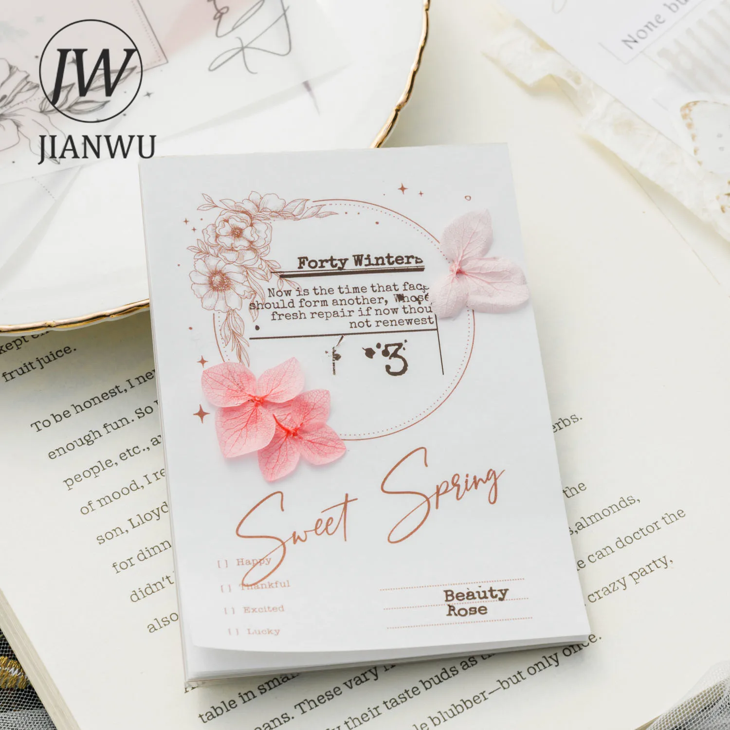 JIANWU 40 Sheets Spring Garden Series Vintage Flower Dual Material Memo Pad Creative DIY Junk Journal College Decor Stationery