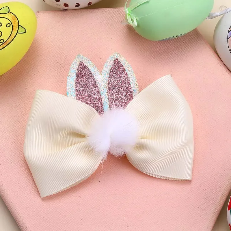 ncmama 2Pcs/set Cute Bunny Ears Hair Bow Clip for Kids Girls Handmade Glitter Bowknote Hairpin Barrettes Easter Hair Accessories