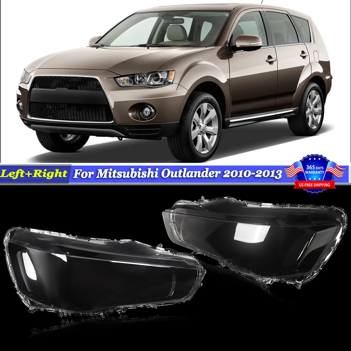 Clear Headlight Lens Covers Compatible with 2010 2011 2012 2013 Mitsubishi Outlander Replacement Front Headlamp Shell Boay Kit