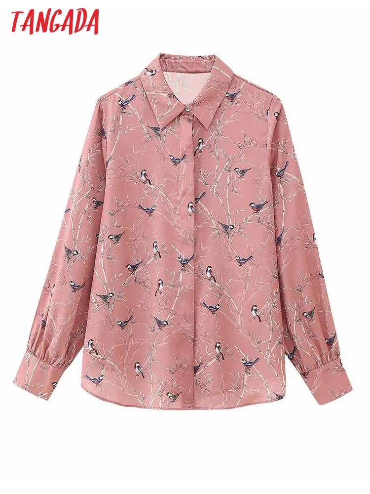 Tangada 2023 Women Birds Print Blouses Long Sleeve Female Loose Shirts Tops BE418