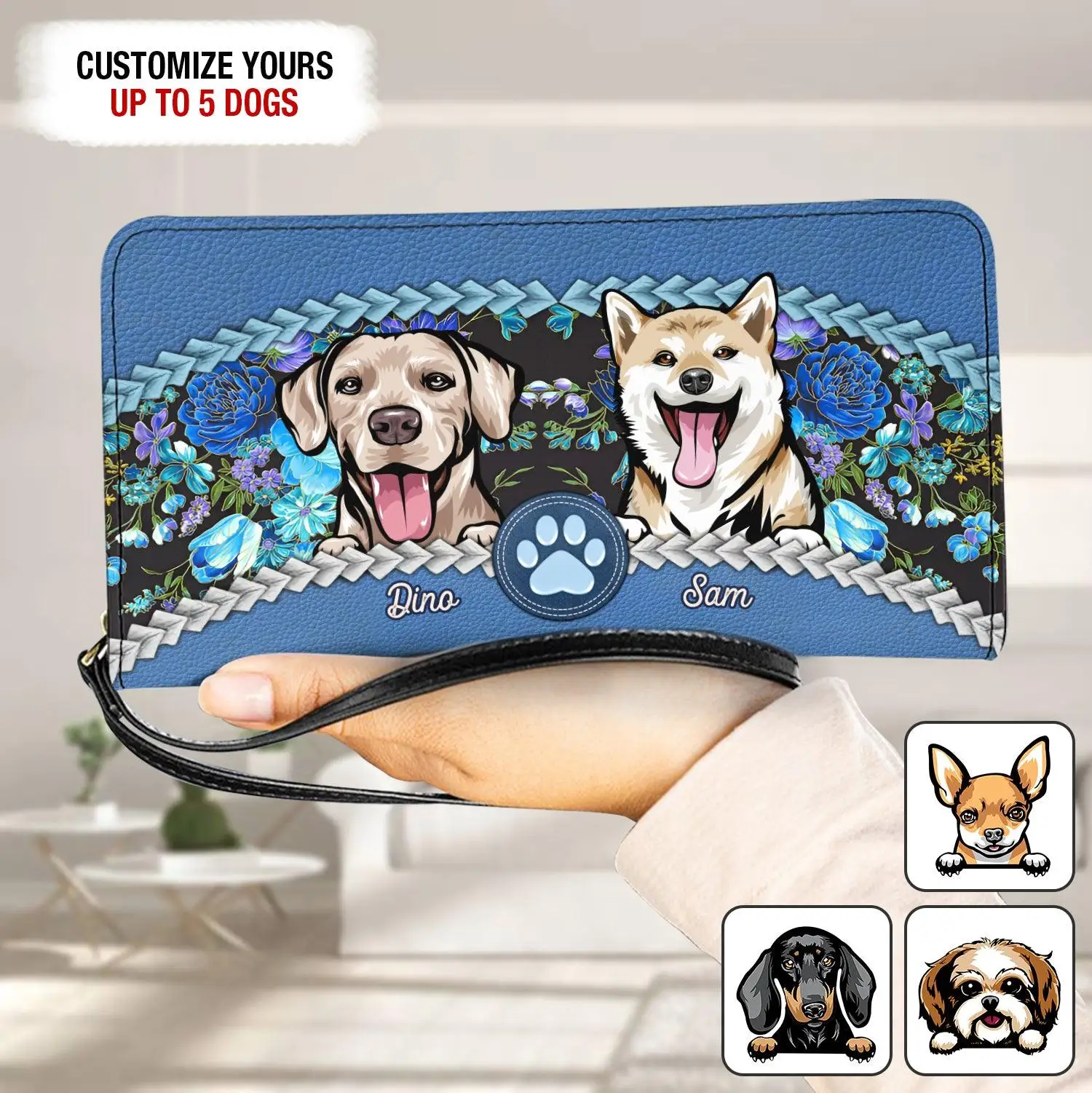 

Flowers with Dog Paw Personalized Name Hand Strap Purse for Ladies Girls Dog Lovers Gift Multi Long Wallet Carteras Para Mujeres