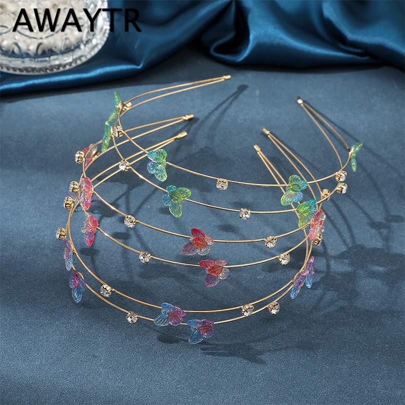 AWAYTR Color Butterfly Headband Double Layer Metal Hairband for Women Headwear Shiny Rhinestone Hair Band Hoop Hair Accessories