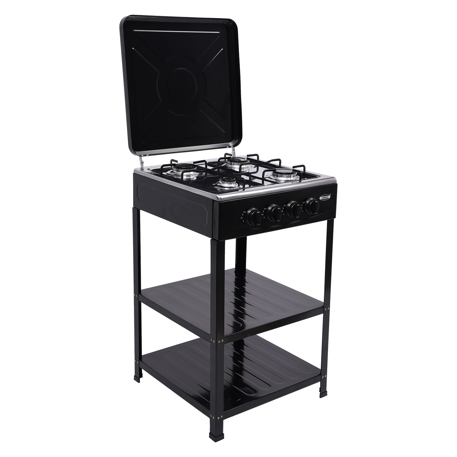 Portable Stove 4 Burner，Gas Stove with Support Leg Stand and Wind Blocking Cover Adapter with 2-Tier Storage Rack