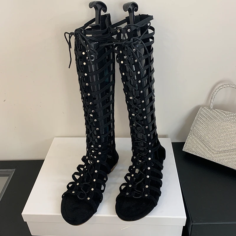 Gladiator  Western Boots For Womens Modern Cross-Tied Solid Ladies Long Boots 2024 Zipper Footwear Knee-High Female Shoes