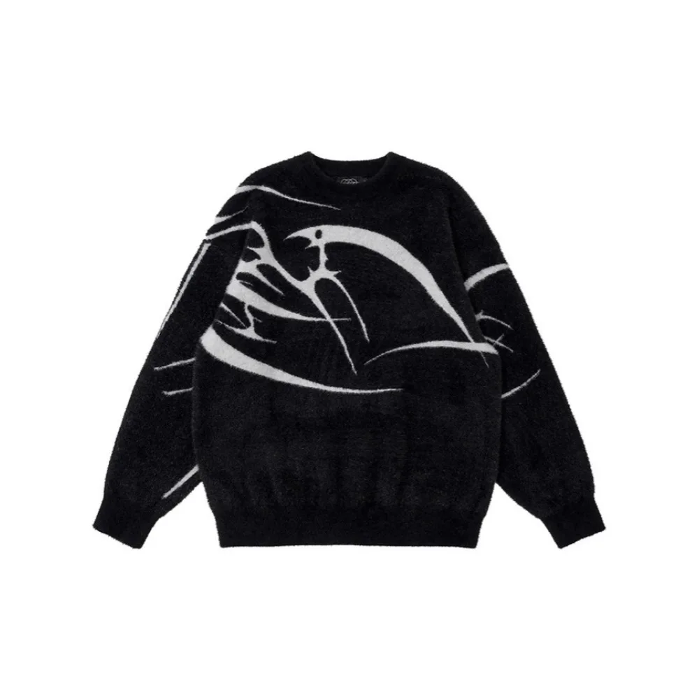 Y2K Fuzzy Mohair Knit Sweater Abstract Alien Line Jacquard Crew Neck Long Sleeve Oversized Grunge Alt Streetwear Pullover