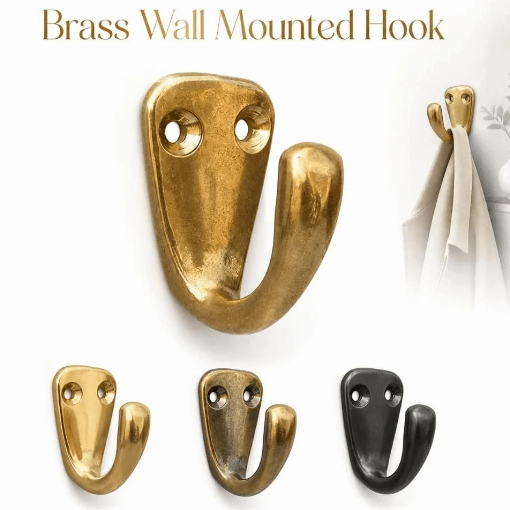 Minimalist Brass Wall Mounted Hook Durable Drilled Coat Robe Hook Heavy-Duty Curved Vintage Hanger Bathroom Kitchen