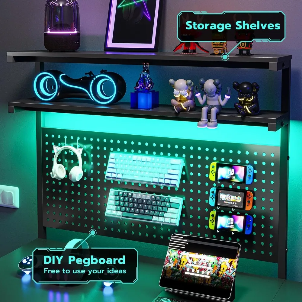 L Shaped Gaming Desk with LED Lights, Pegboard and Drawers, Gaming Desk with Hutch, Computer Desk with Monitor Stand