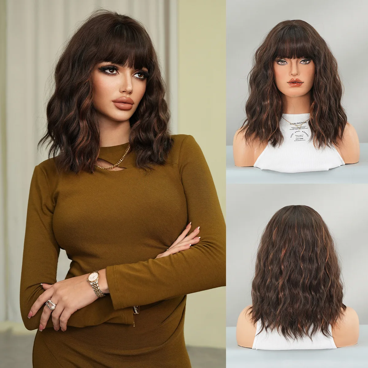 Peluca femenina de pelo corto y rizado, cubierta completa para la cabeza, cubierta completa para peluca diaria