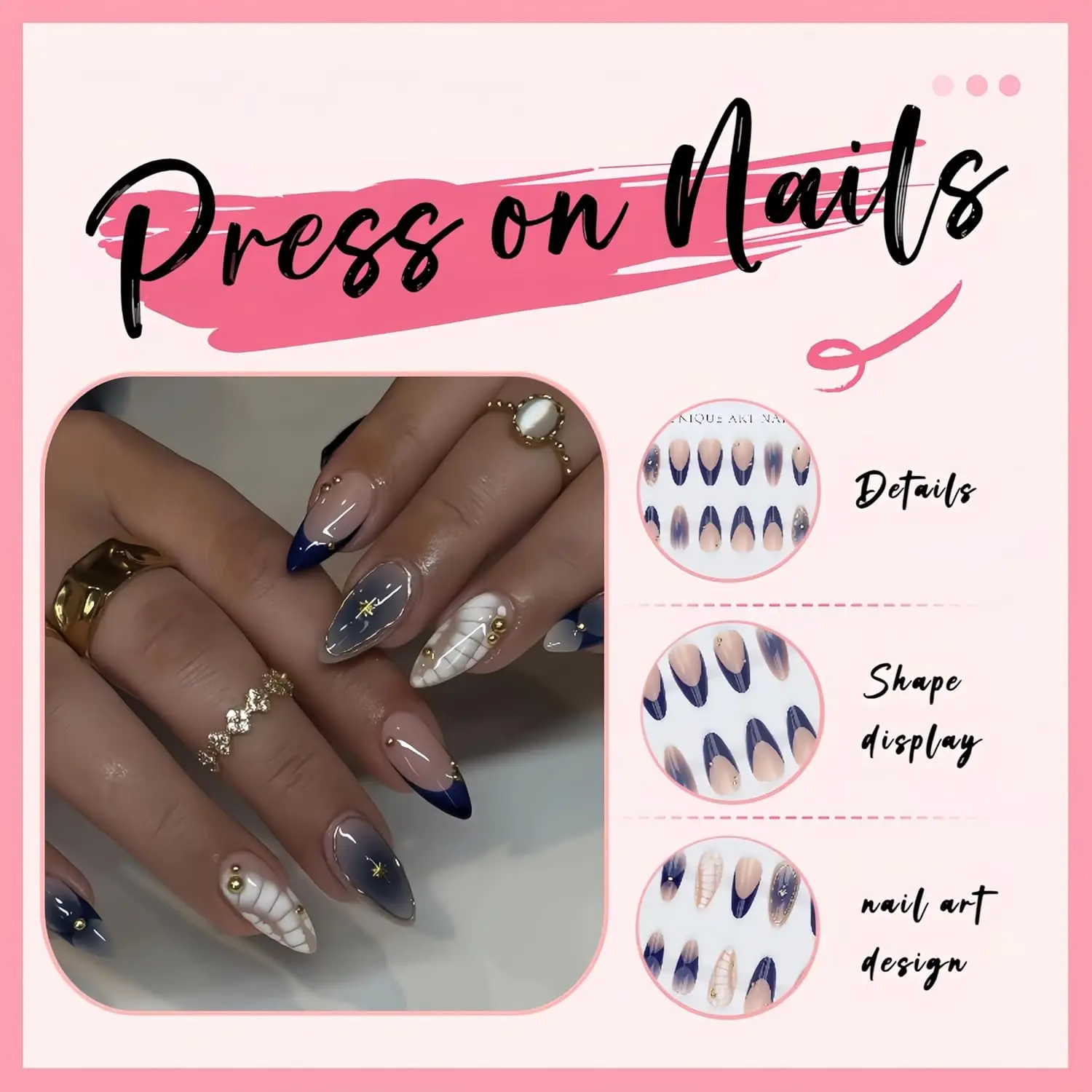 

Накладные ногти Ombre Blue Press on Nails, средней длины, в форме миндаля, с стразами, с дизайном под крокодиловую кожу, французский маникюр, акриловые ногти со звездами