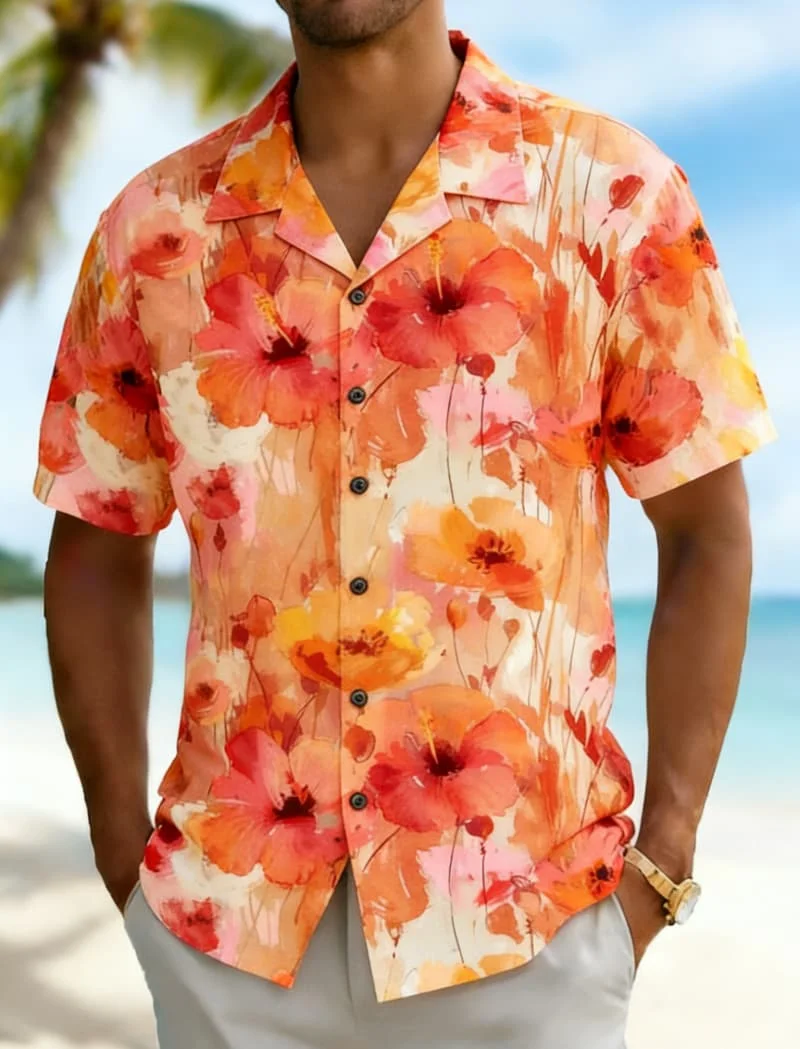 Men's Premium Watercolor Floral Print Shirt, Luxury Casual Design for Summer Vacation, High-End Beachwear & Daily Style