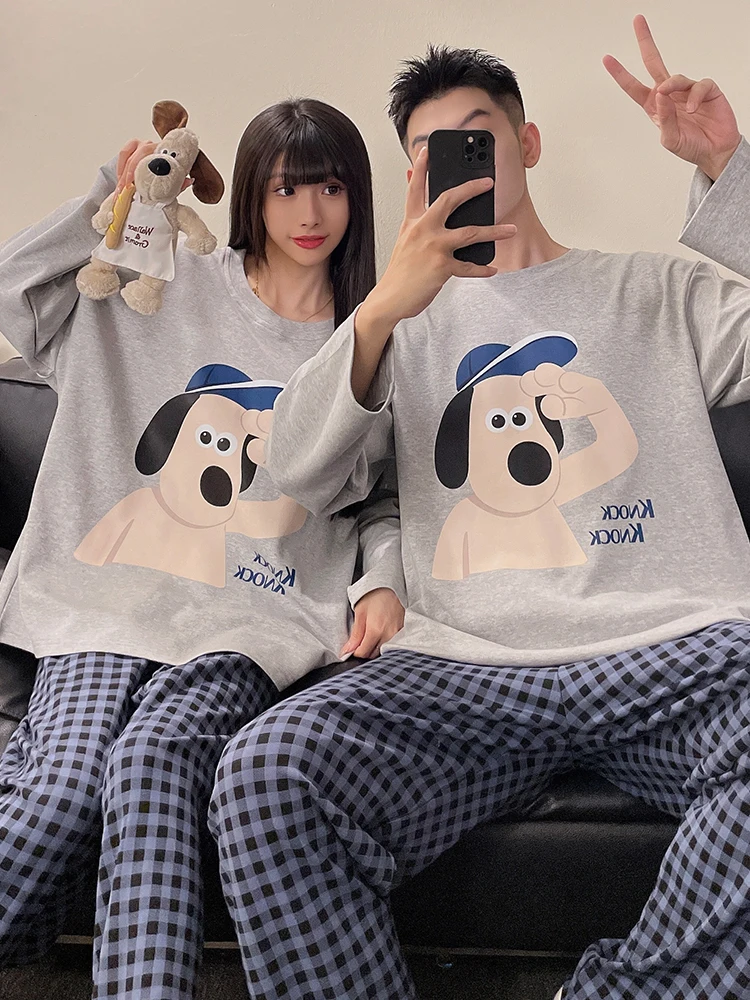 DAIMELU spring sleepwear set autumn couple pajamas women's cotton long-sleeved trousers nightwear men's cartoon teen loungewear