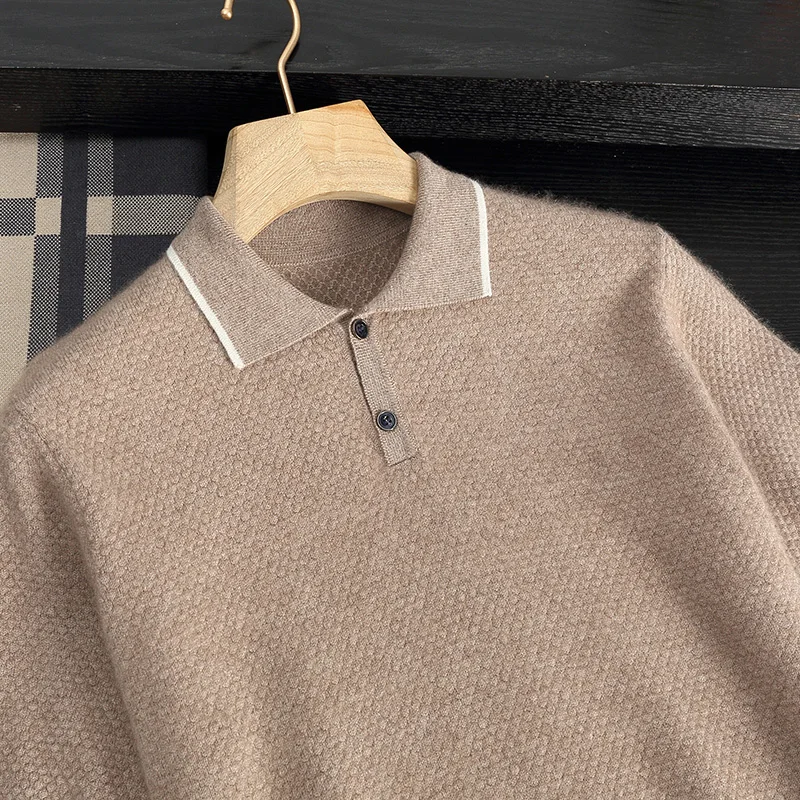 

Men's POLO Neck Pure Cashmere Knit T-Shirt Summer New Pimple Needle Thin Short-Sleeve Vest Business Casual Loose High-End Shirt