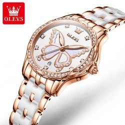 OLEVS 5610 Brand Women's Quartz Watch Butterfly Diamonds Ceramic Strap Waterproof Luminous Calendar Ladies Casual Wristwatch