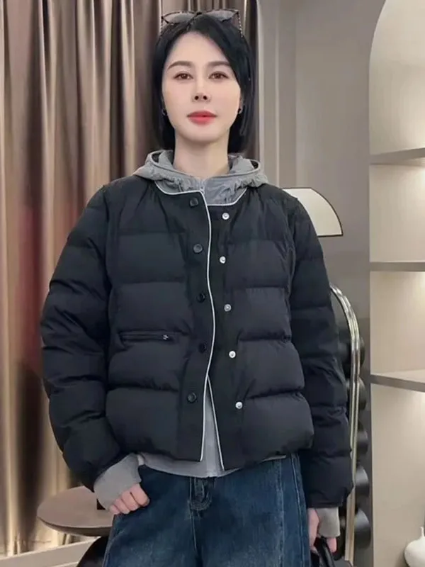 Lightweight ort Puffer Jaet Women's Winter Faion round Ne Loose Warm Outerwear Korean Sle Cotton down Coat