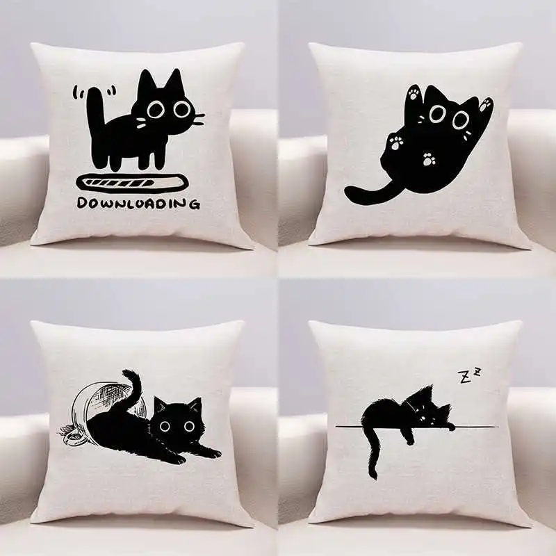 Cute Black Cat Linen Throw Pillow Case Funny Pet Cat Pillowcase 40x40 Cm for Boy Girl Kids Room Sofa Bed Pillow Cover Home Decor