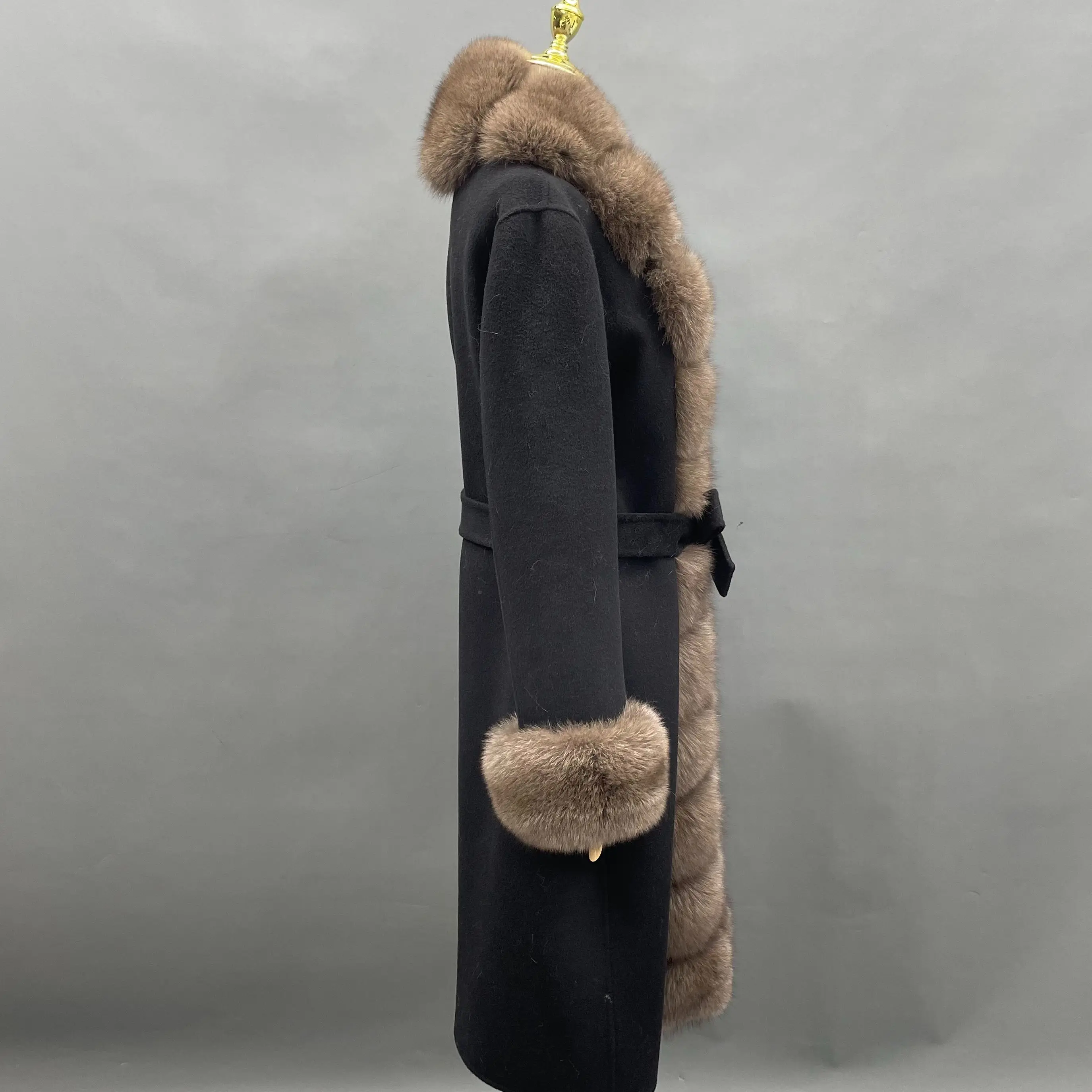 JANEFUR Winter Long Cashmere Coat with Real Fox Fur Trim 2023 New Fashion Luxury Belted Natural Fur Wool Coat