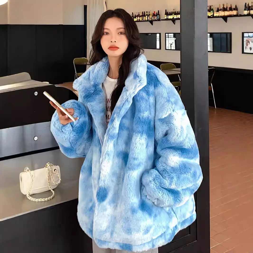 Winter tie-dye jacket medium and long European and American large  lapel women's clothing zipper printing plush clothes thick