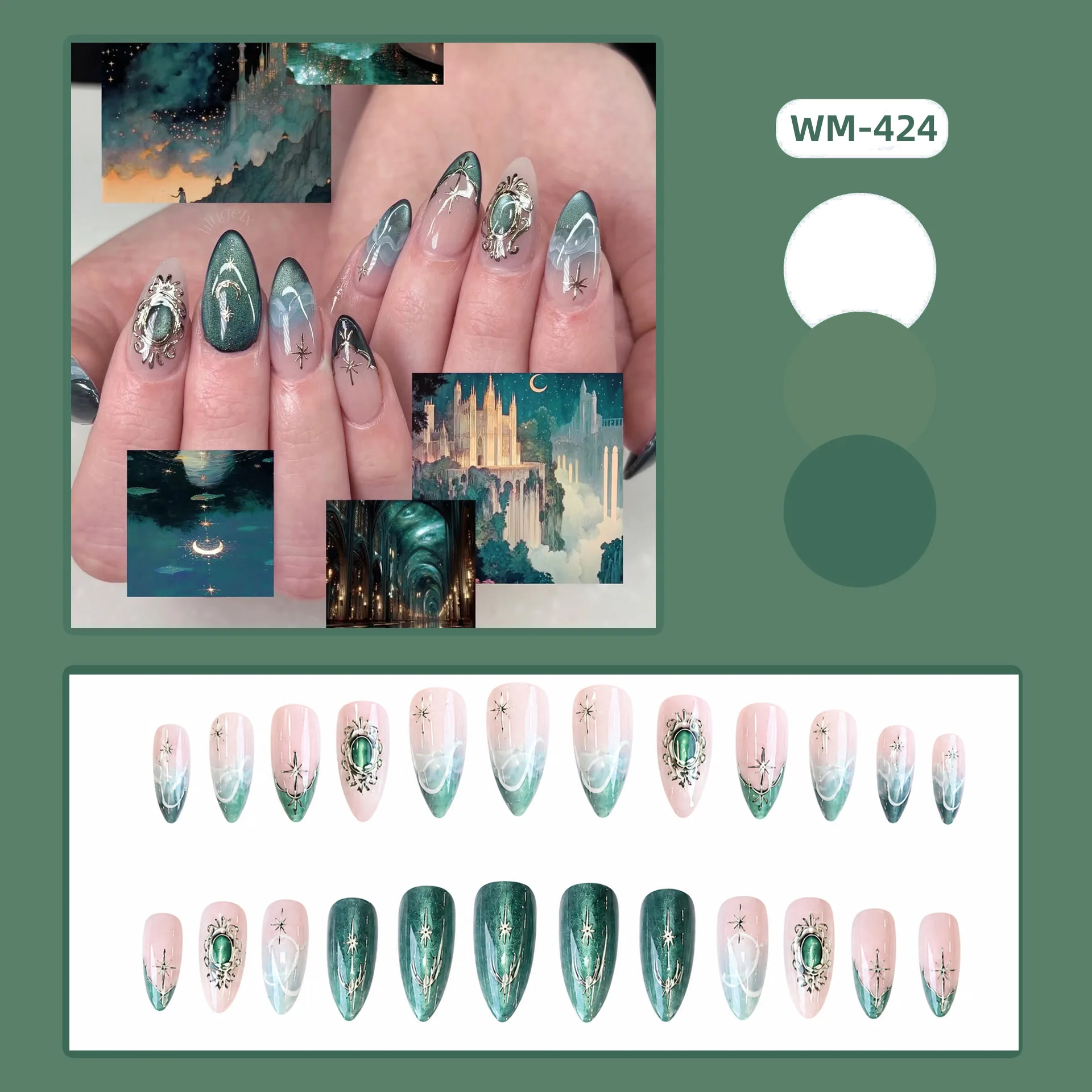 24pcs Dark Green Cat Eye Almond Press On Nail Gothic Castle Moon Star Metal Charms Fake Nail Gradient Cloud Fasle Nail for Women