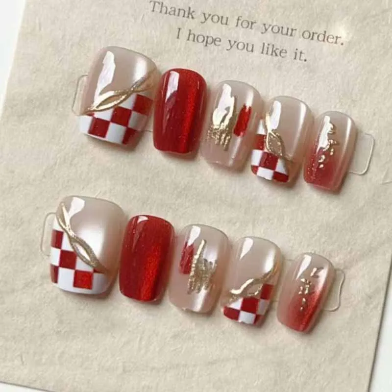 Handmade Red Grid Gold-plated Cat Eyes Press On Nails Whiten