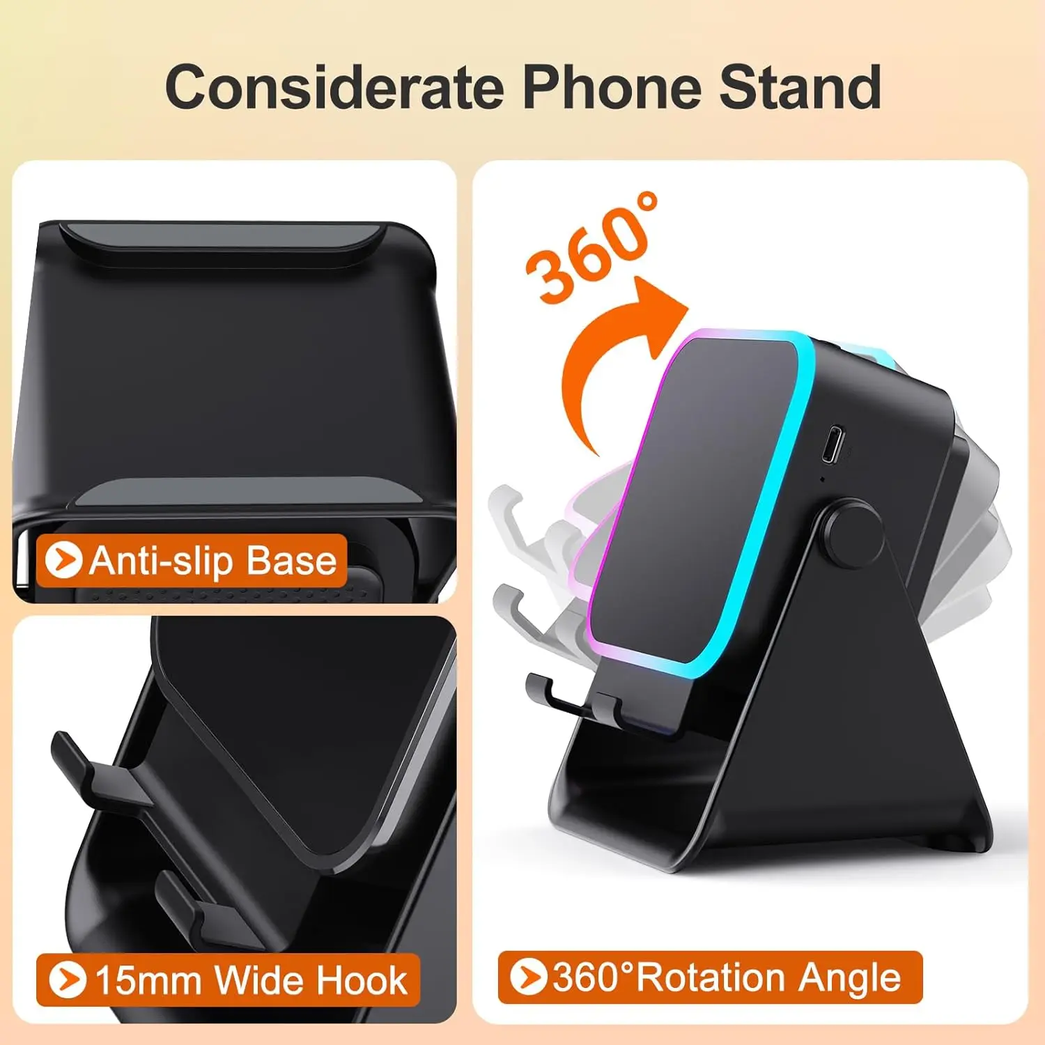 

Vikefon 5 In 1 Portable Bluetooth Phone Holder Auto-induction Wireless Induction Speaker 8 Mode RGB Light Phone Stand Surround
