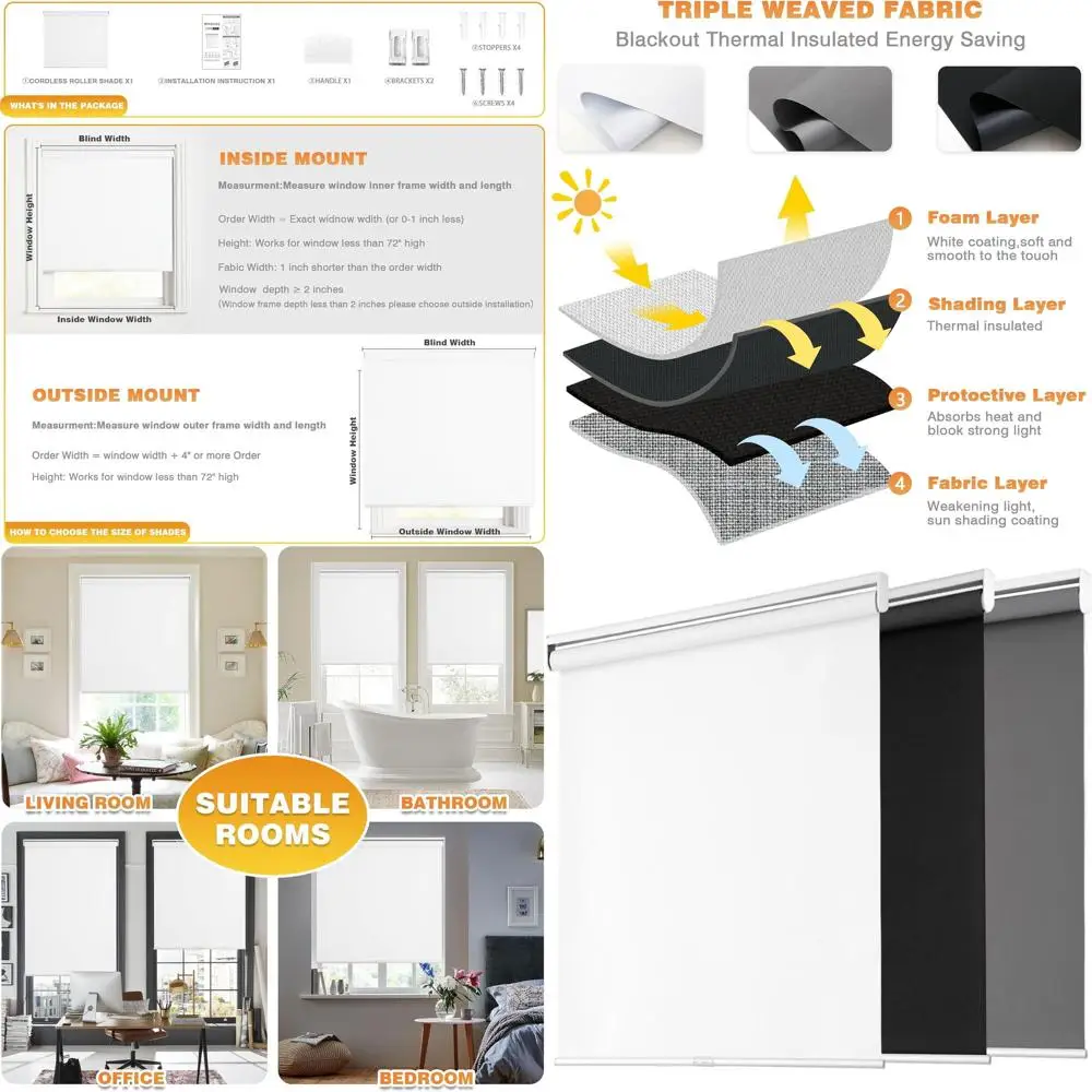 

Cordless Thermal Insulated Blackout Shades, UV Protected, Easy Install (30x84, White)