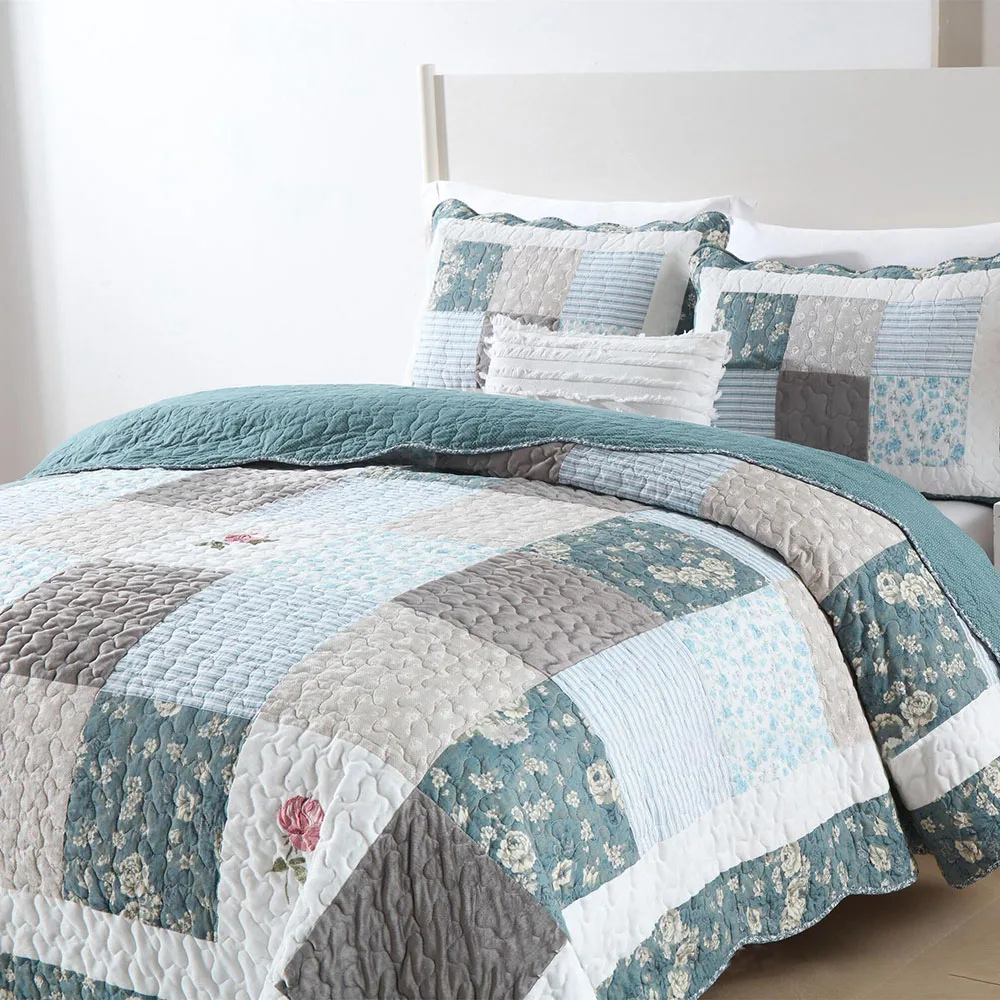 Vintage Patchwork Quilt Set Queen Size 3PCS 100% Cotton Breathable Quilted Coverlet Bedspread Comforter Home Decor