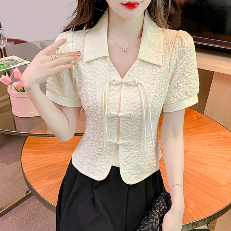 

Vintage Short-sleeved Chiffon Shirt Women Summer 2024 New Working Clothes Chinese Style Top Lace-up Button Shirt Female Clothing