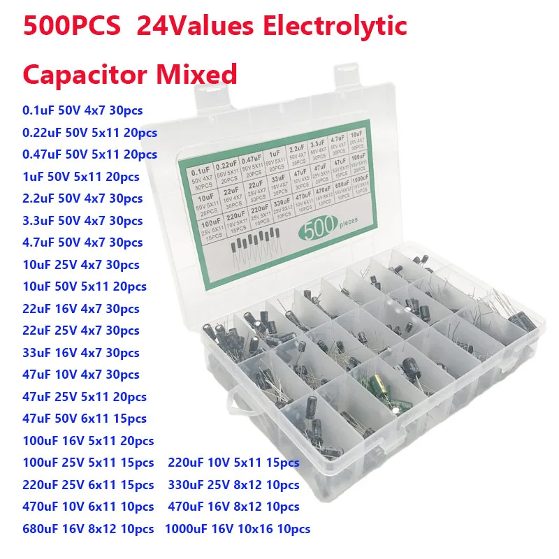 500PCS 24values 0.1uf-1000u Elektrolitikus Kondenzorlencse Kevert Acéloz Elektrolit capacitors 10V 16V 25V 50V Elektronfizika készlet