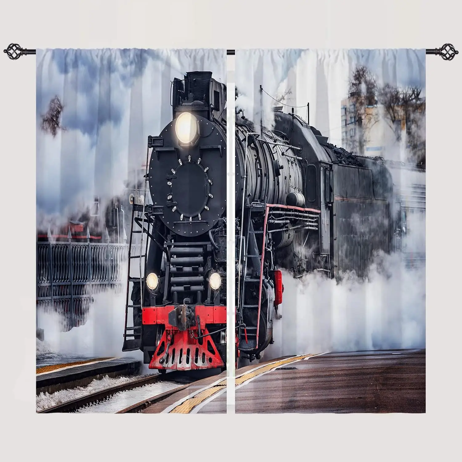 Steam Train Curtains Vintage Locomotive Print for Living Room Bedroom Window Industrial Decor