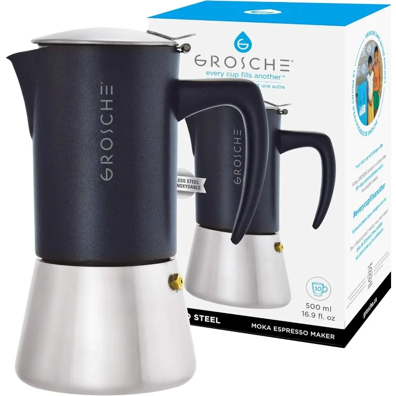 

GROSCHE Milano Steel | 10 Espresso Cup | Stovetop Espresso Maker: Stainless Steel Moka Pot for Greca, Induction, Electric & Gas